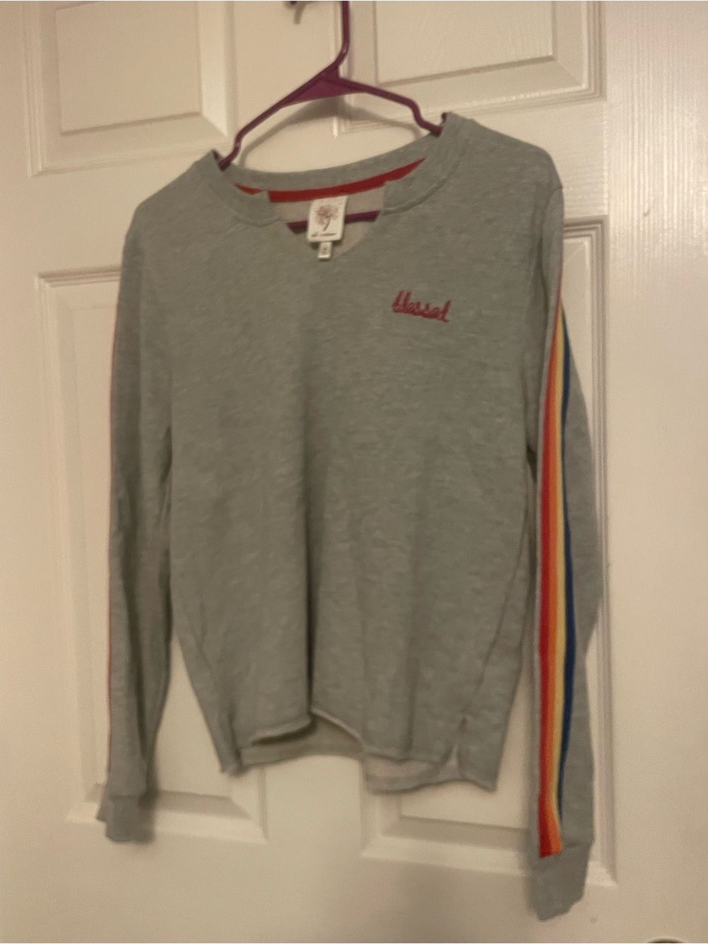 Self Esteem Light Gray Crewneck Sweater with Rainbow Sleeve Stripe